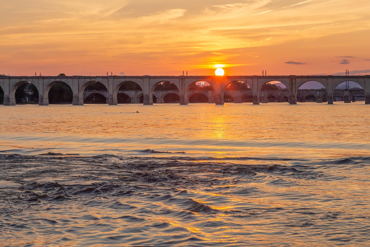 Sunset, river, landscape, dusk, nature, water, architecture, bridge, sky, evening, dawn, twilight, scenic, sunrise, mood, reflection, harrisburg, pennsylvania, sun, orange, harrisburg, harrisburg, har