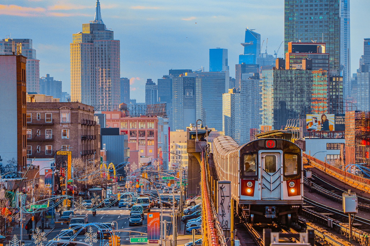 Train, buildings, traffic, road, skyline, cityscape, city, urban, urban landscape, railway, railroad, train tracks, railroad tracks, new york city, nyc, new york, empire state building, train, railroa