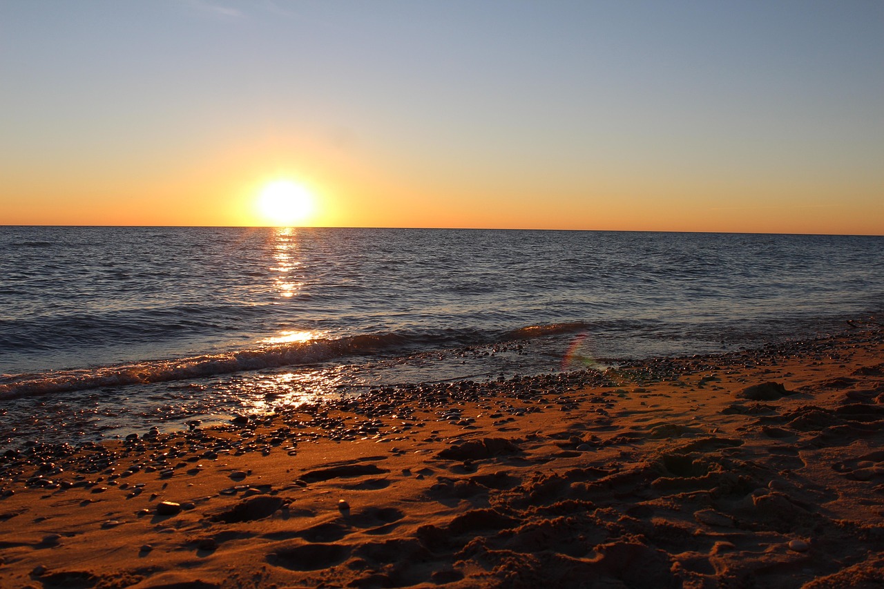 Lake, sunset, michigan, sand, water, sky, landscape, nature, reflection, evening, dusk, summer, color, calm, vacation, waves