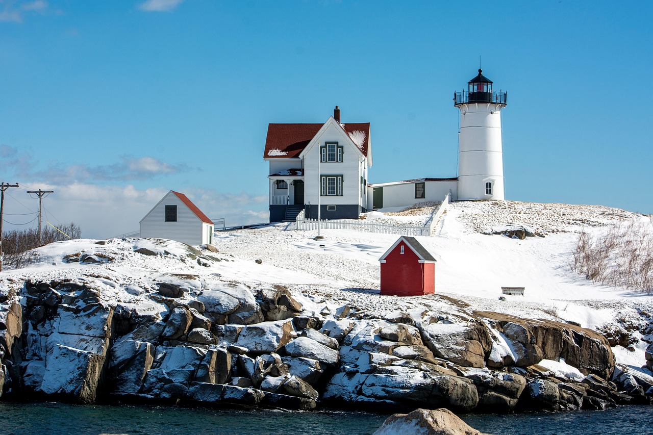 Lighthouse, maine, nubble, york, ocean, nature, snow, winter, landscape, sky, tourism