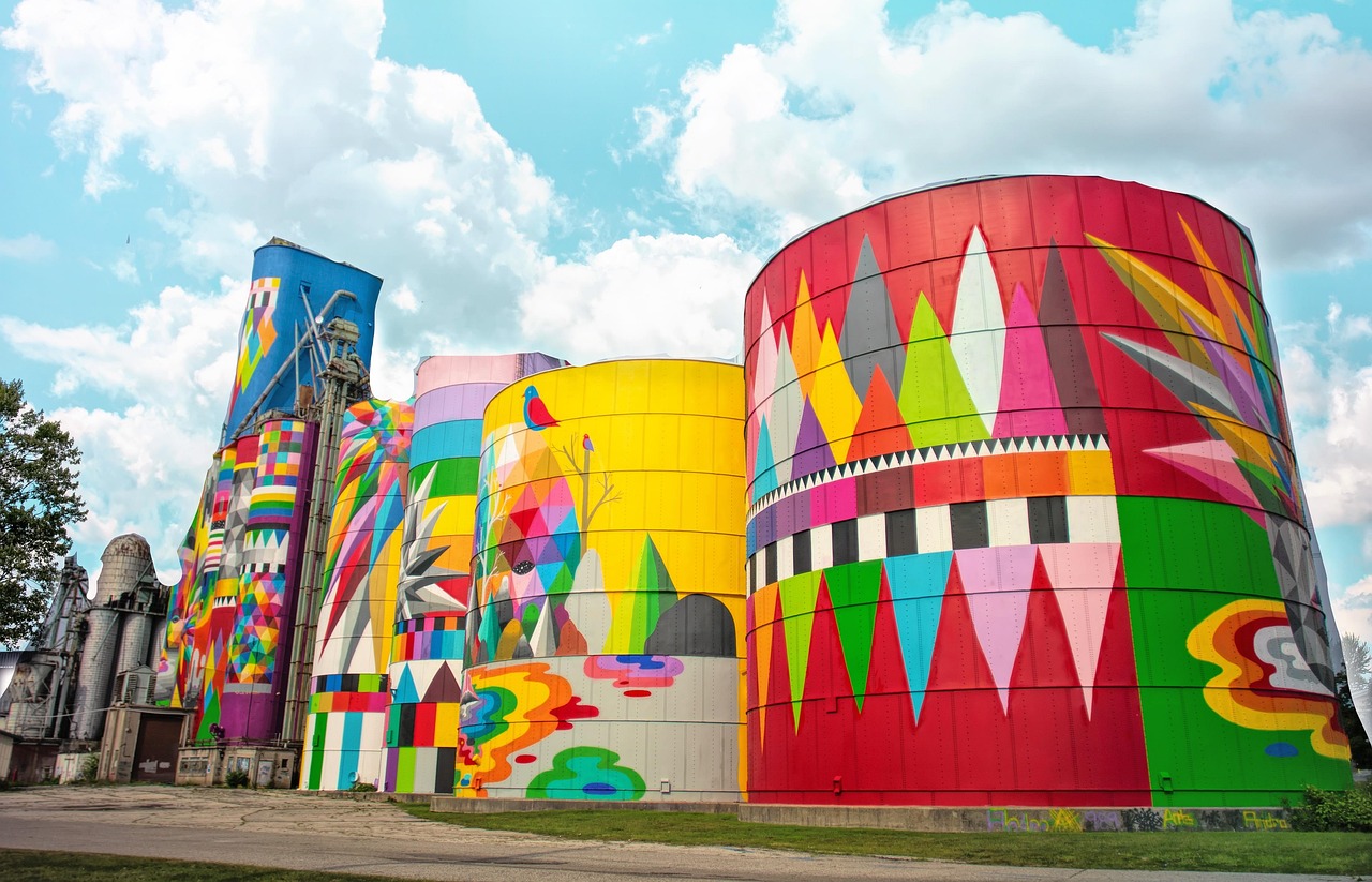 Painted silos, saginaw, colorful, bright, mural, artwork, michigan