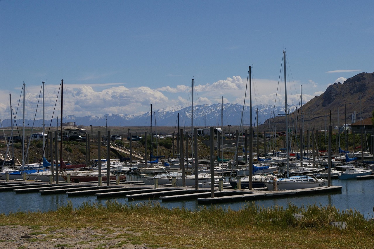Salt lake city, utah, salt lake, lake, water, blue, skyline, clouds, nature, outdoors, mountains, snow, boats, marina, sailboat