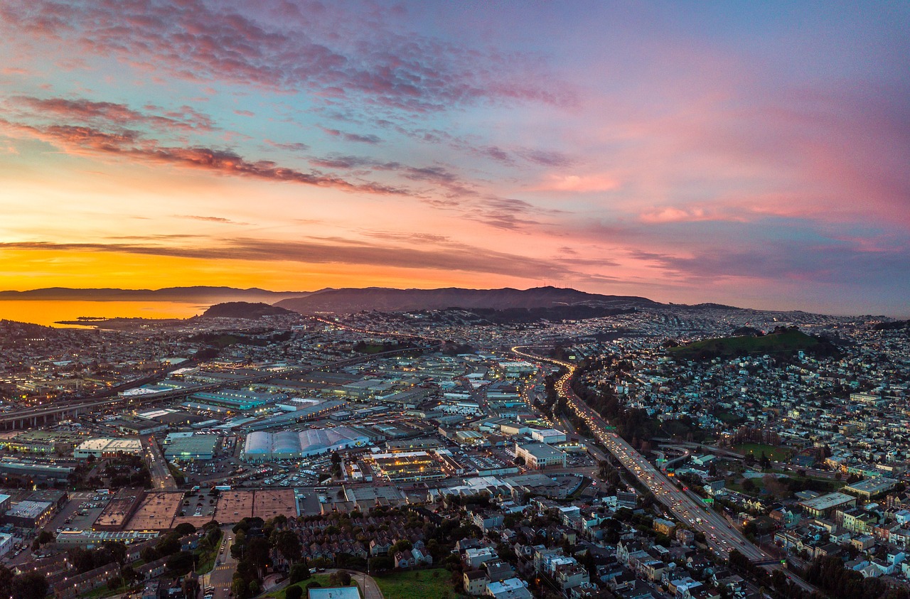 Sunrise, city, water, san francisco, sunset, sky, clouds, skyscape, bay, landscape, nature, california, cityscape, skyline, aerial view, bird's eye view, drone photography