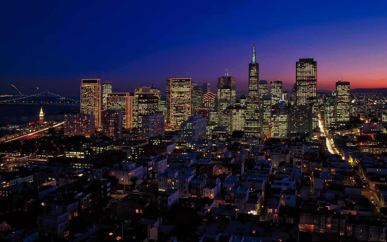 Transamerica pyramid, skyline, city, cityscape, buildings, urban, urban landscape, metro, metropolitan, city lights, illuminated, san francisco, california, downtown, landmark, architecture, city, san