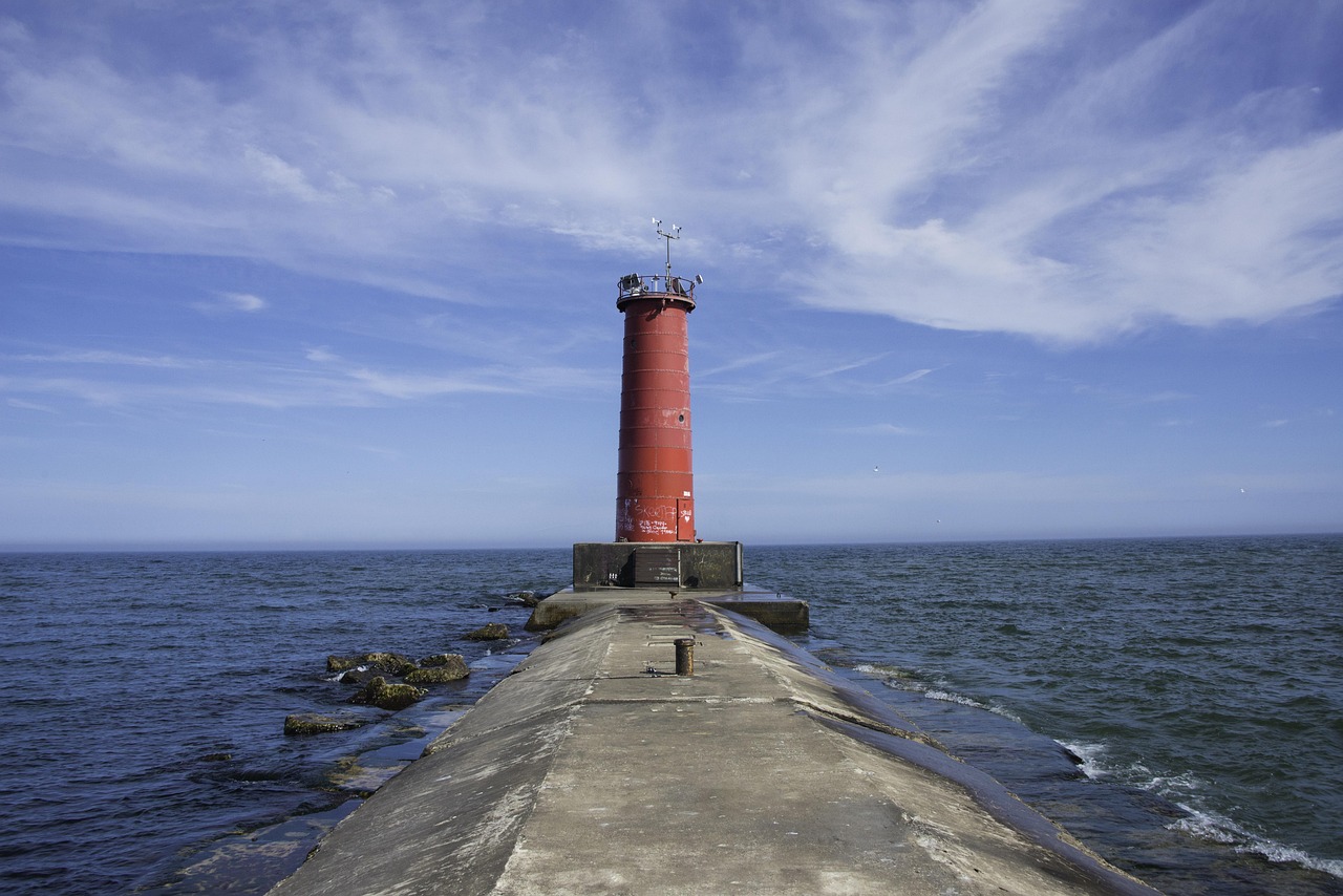 Lighthouse, red, ocean, blue, lake, water, blue sky, sky, nature, mohan, nannapaneni, sheboygan, wisconsin, blue lake