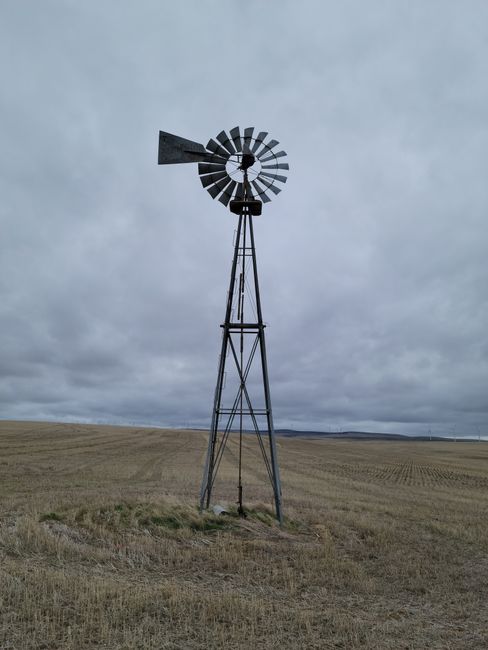 Vertical shot of a traditional windmill in the open fields of rural Oregon, USA, under a cloudy sky.