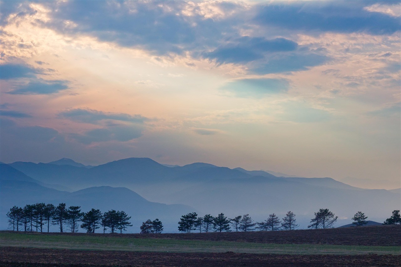 Sunset, mountains, trees, clouds, landscape, night, georgia, dusk, nature, twilight