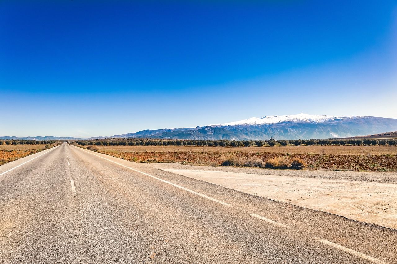 Sierra nevada, road, empty, landscape, nature, mountains, sky, blue road