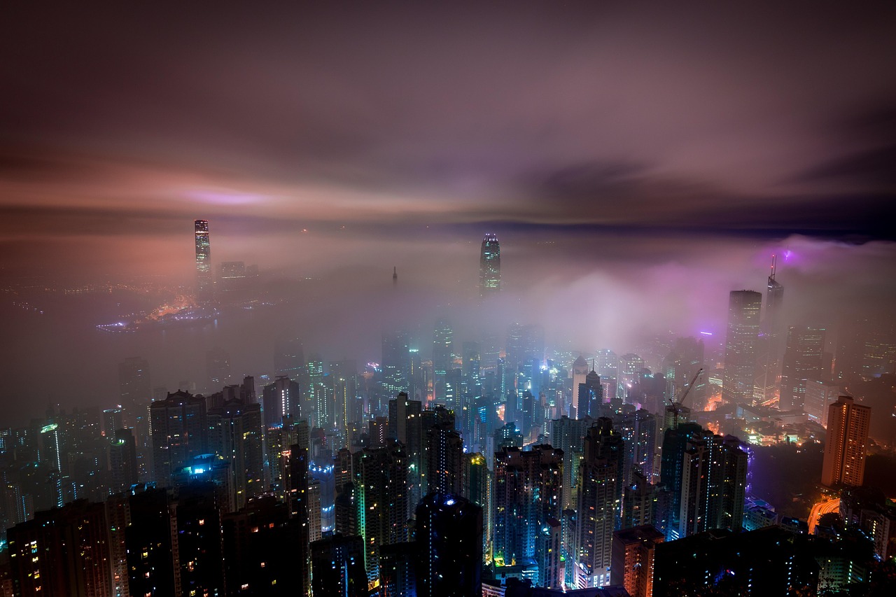 Clouds, hong kong, buildings, haze, misty, nature, illuminated, city lights, skyline, cityscape, urban, urban landscape, skyscrapers, aerial view, night, mist, city, night photography