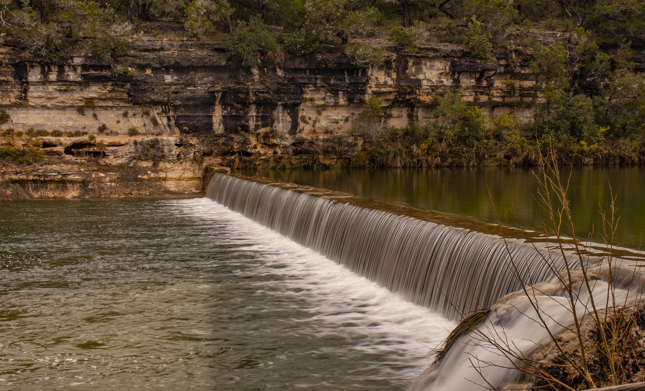 Waterfall, landscape, river, dam, texas hill country, brown waterfall, nature, brown river