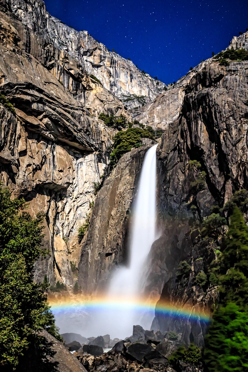 Moonbow, night sky, waterfall, yosemite, landscape, scenic, rock, nature, sky, stars, long exposure, night, california, rainbow
