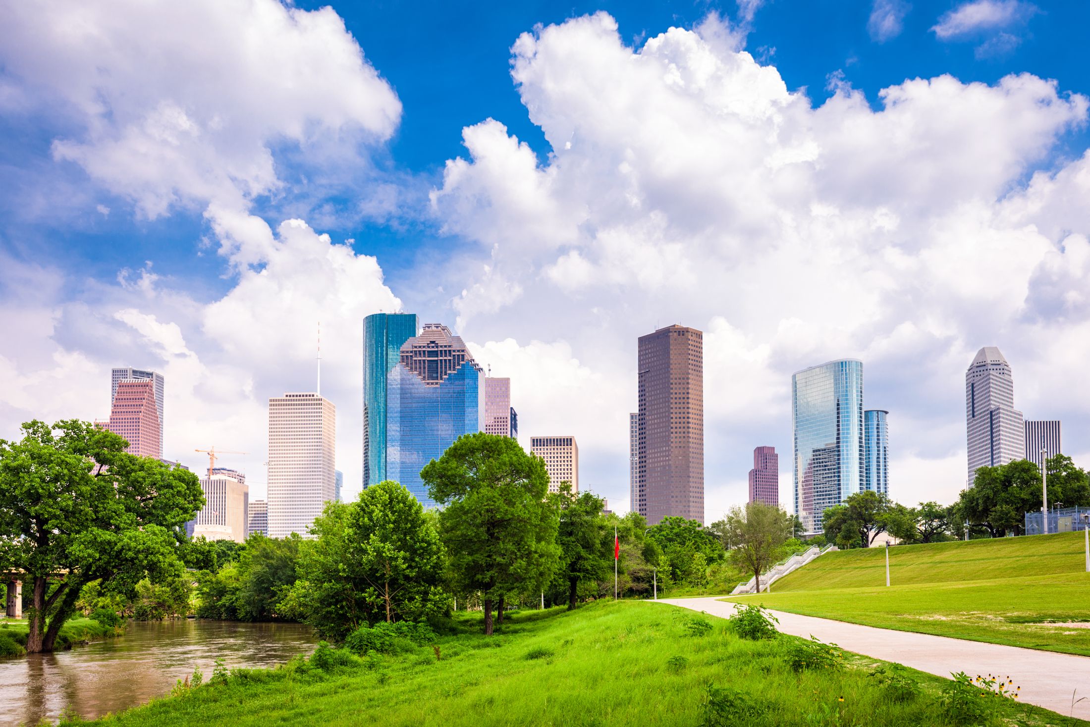 Houston skyline and park under blue sky