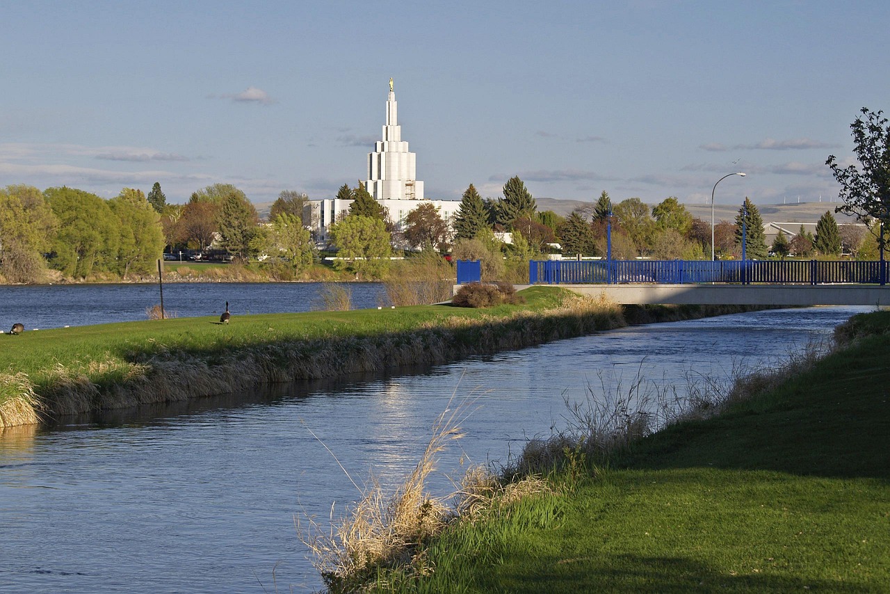 Idaho falls, idaho, usa, mormon, temple, river, canal, water, landscape, city, town, nature, building