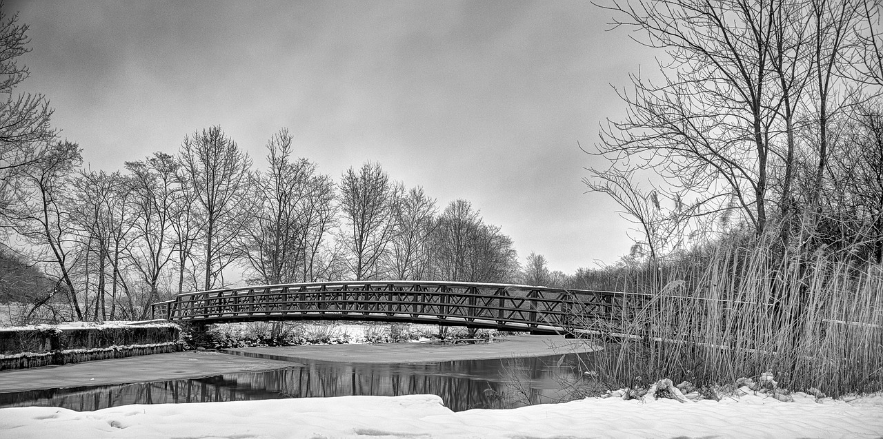 Winter, bridge, cold, frost, snow, river, nature, outdoors, ice, season, travel, park, landmark, architecture, gray river, gray park, gray bridge, United States, Plainsboro Township, New Jersey