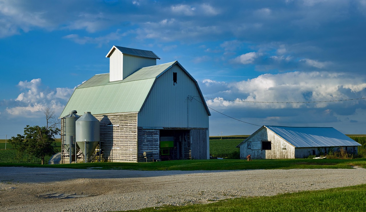Iowa, farm, barn, sky, clouds, landscape, nature, outdoors, america, agriculture, country, rural, buildings, blue farm