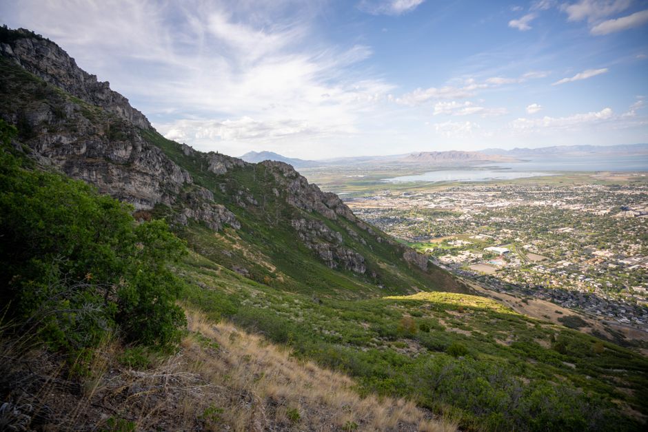 Panoramic view of Utah Valley from hillside, surrounded by lush greenery and dramatic mountain landscape.