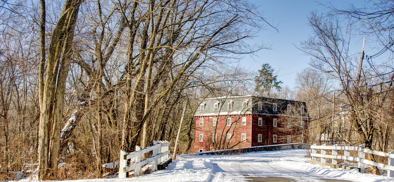 Winter, snow, millhouse, fence, nature, blue sky, United States, New Jersey, Princeton