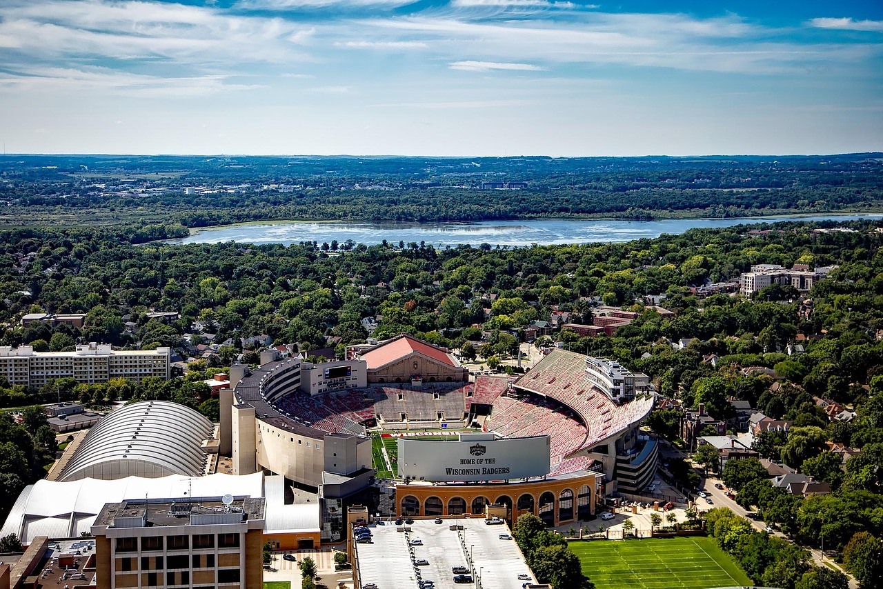 Madison, wisconsin, university of wisconsin, camp randall stadium, nature, sports, buildings, structure, lake, landscape, aerial view, american football, wisconsin badgers, athletics, architecture, ca