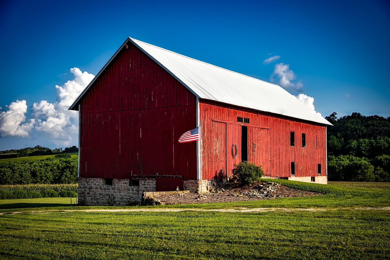 Iowa, red barn, american flag, wooden, building, landscape, scenic, summer, nature, outdoors, meadow, field, sky, clouds, hdr, farm, country, rural, picturesque, trees, iowa, iowa, iowa, red barn, red