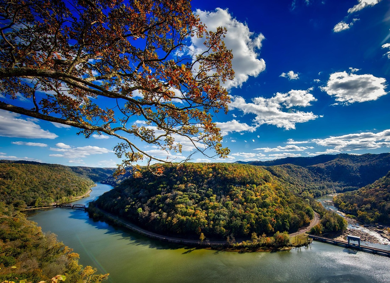 West virginia, horseshoe bend, river, new river, fall, autumn, landscape, scenic, hdr, sky, clouds, hills, mountains, nature, outside, outdoors, forest, trees, woods, country, countryside, rural, over