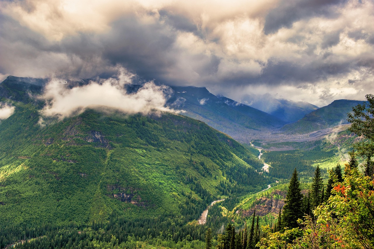 Mountains, river, overlook, glacier np, montana, nature, clouds, scenic, landscape