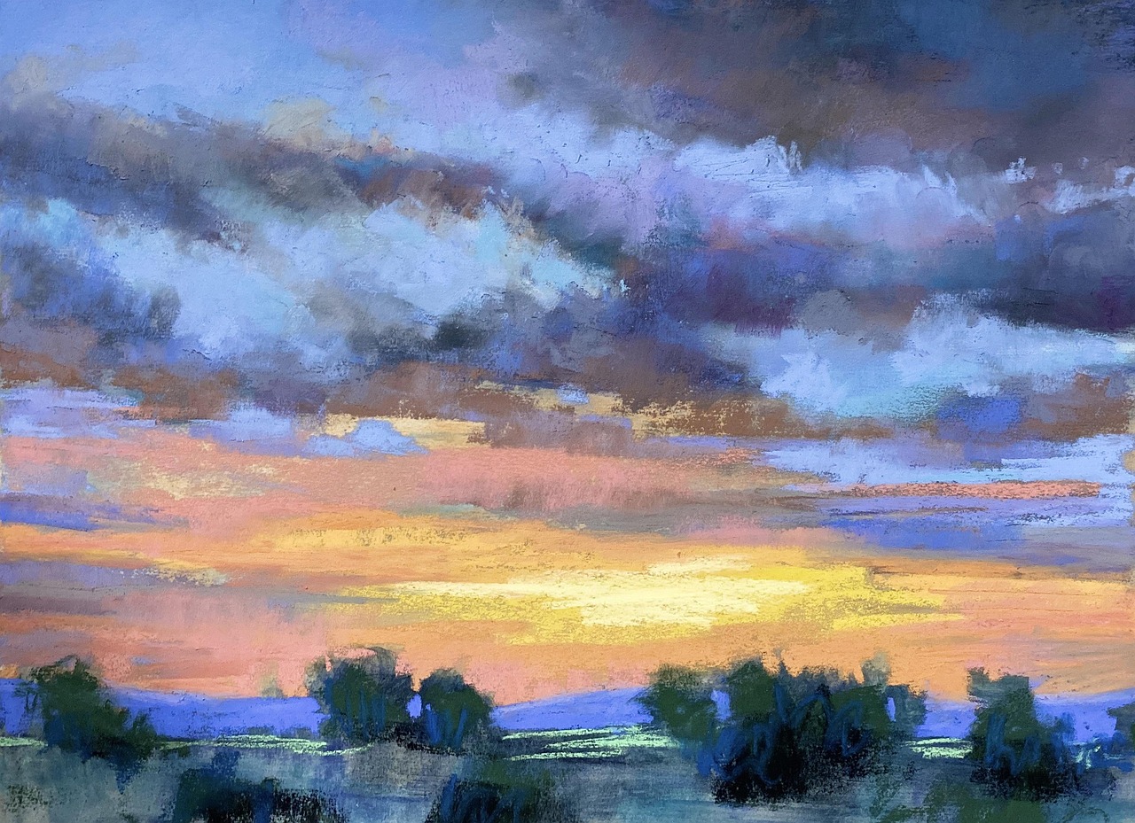 Soft pastel, painting, landscape, clouds, sky, mountains, sunset, nature, blue paint, United States, Virginia, Montclair