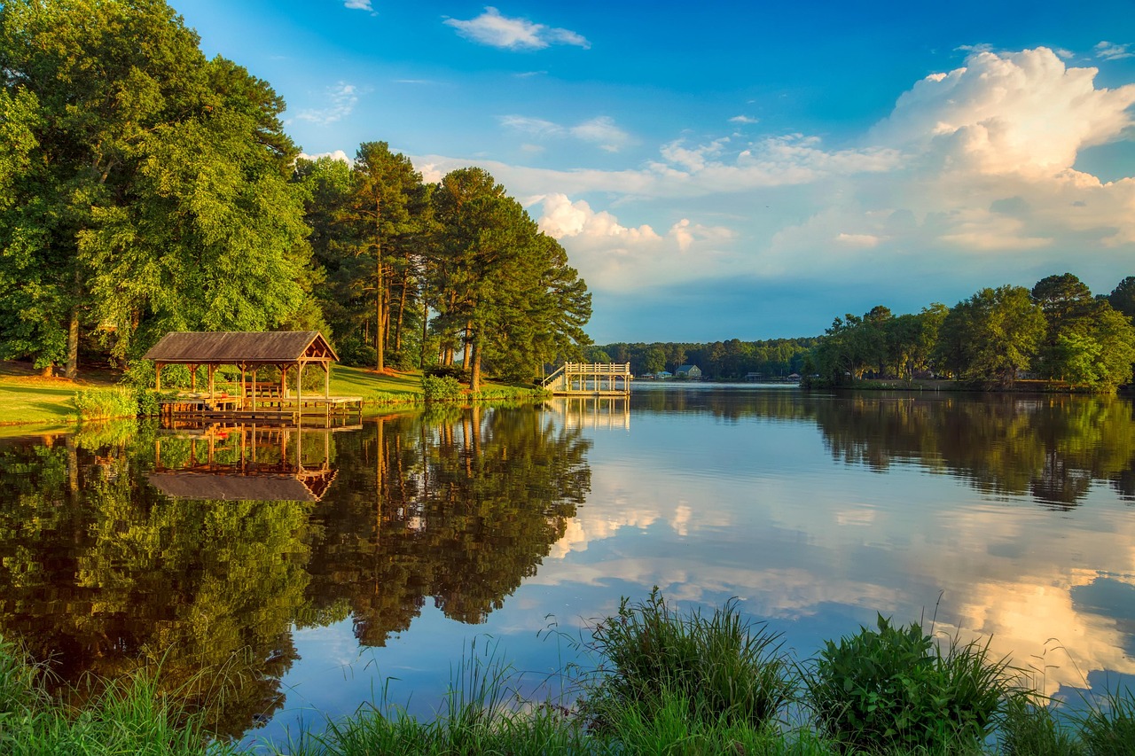 Bunn lake, reflections, pier, dock, boathouse, landscape, scenic, tourism, summer, sky, clouds, hdr, nature, outdoors, forest, trees, woods, country, countryside, rural, north carolina, america, north