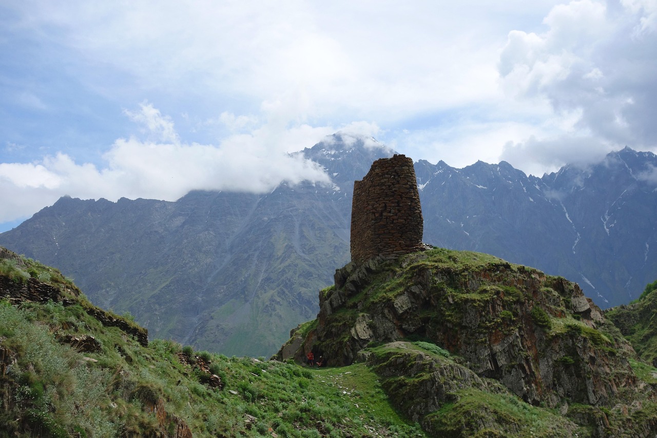 Georgia, landscape, tower, architecture, mountain, panorama, nature, caucasia