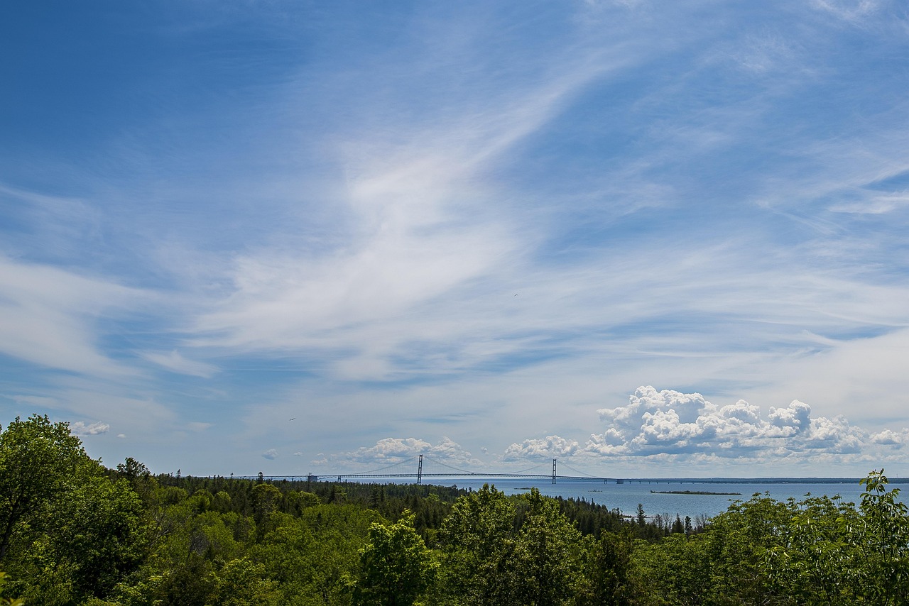 Mackinac, lake michigan, michigan, lake, straits, bridge, water, mackinaw, suspension, nature, landscape, midwest, landmark, summer, scenic, america, peninsula, clouds, horizon