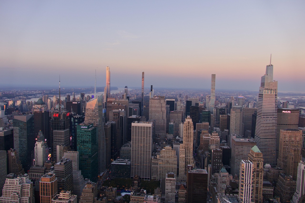 Skyscrapers, buildings, new york, nyc, manhattan, architecture, city, sunset, nature, horizon, travel, modern, facade, houses gorge, usa, landscape