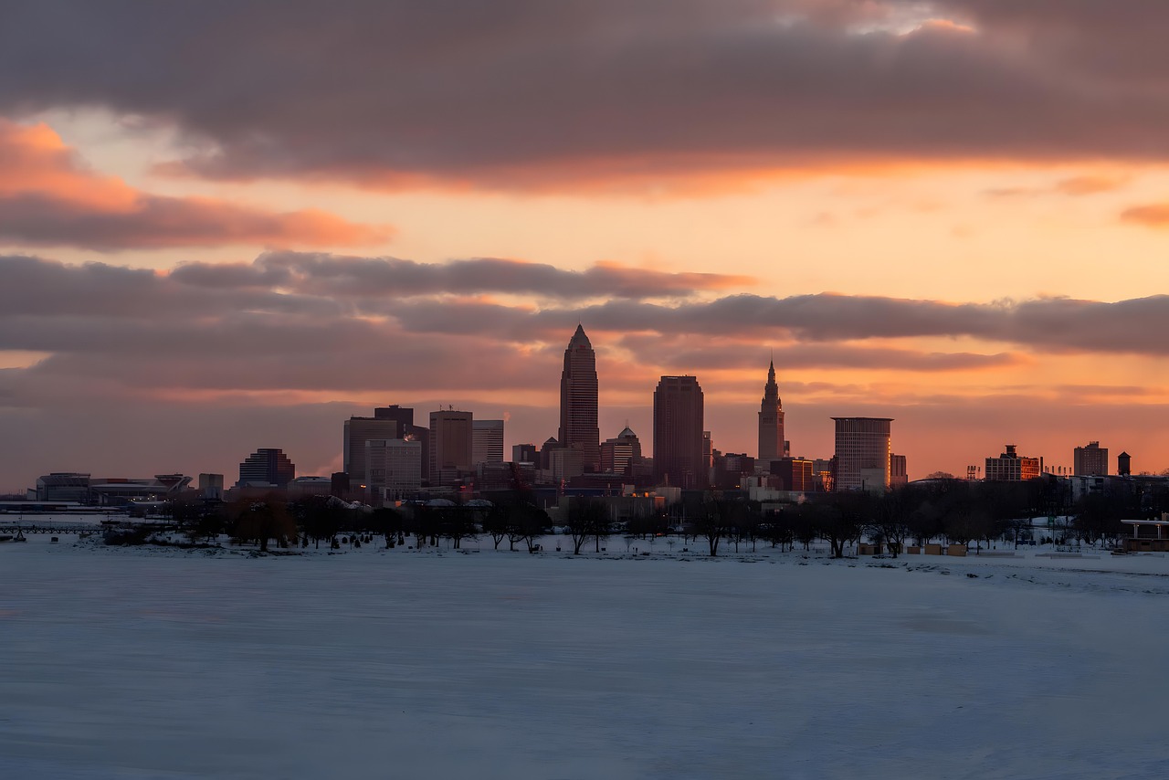 Sunset, city skyline, winter, snow, cold, landscape, nature, clouds, trees, path, frozen lake, outdoors, evening light, scenic view, urban landscape, tranquil, peaceful, chilly weather, ohio, clevelan